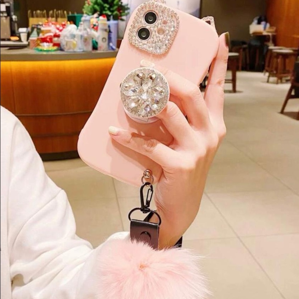 iPhone 12 Pro Max rhinestones decor phone case with ring holder and lanyard